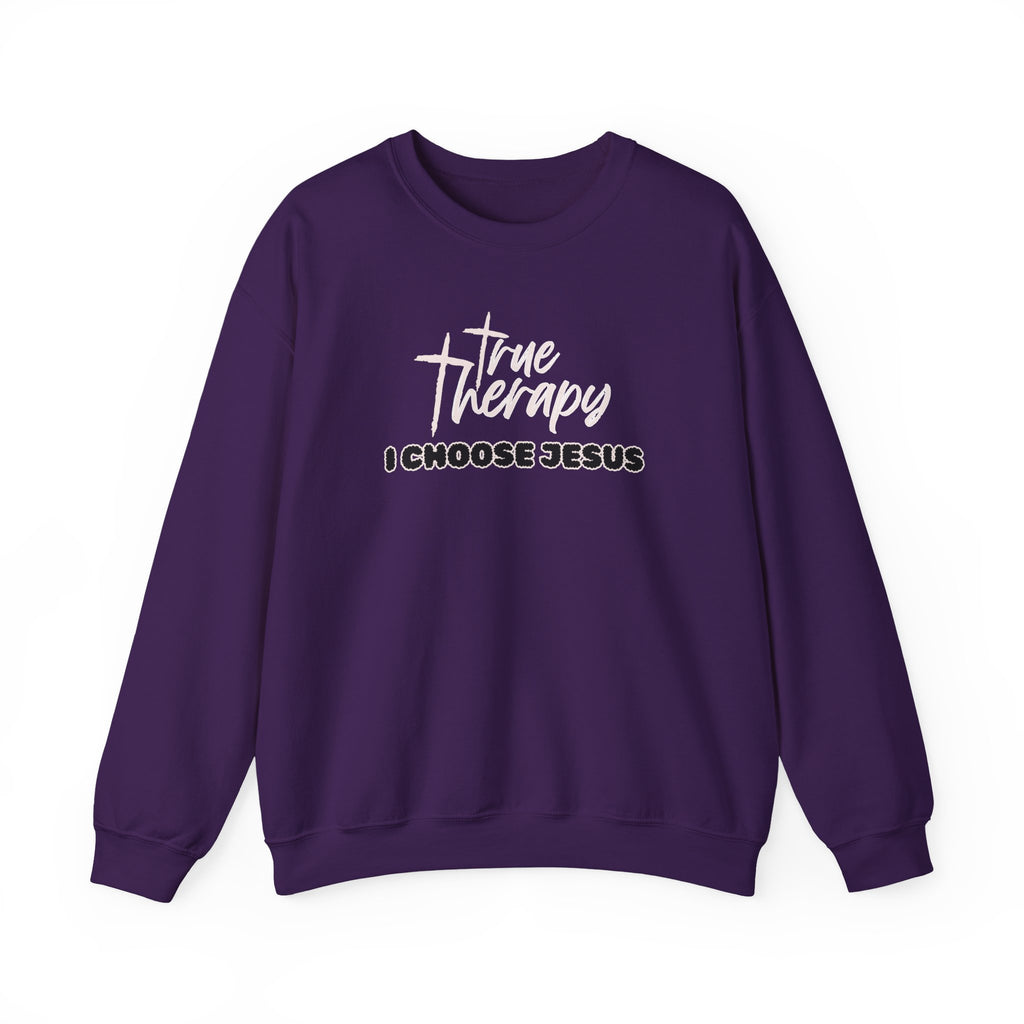 Purple crewneck sweater with long sleeves and front graphic print