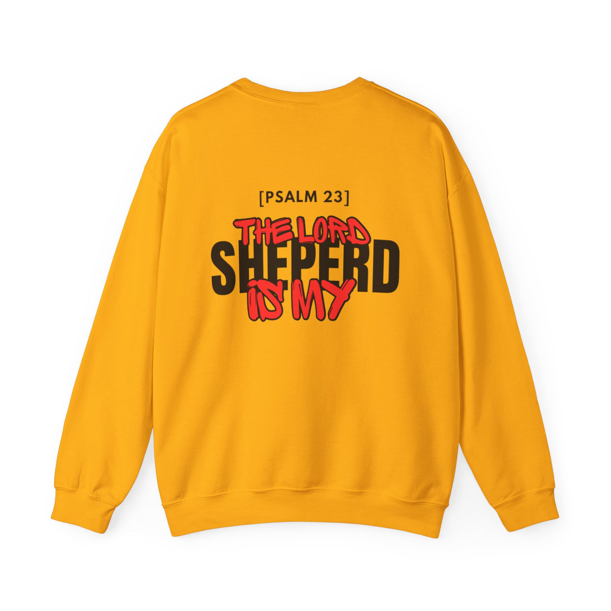 Orange crewneck sweatshirt with large Psalm 23 shepherd text graphic on chest