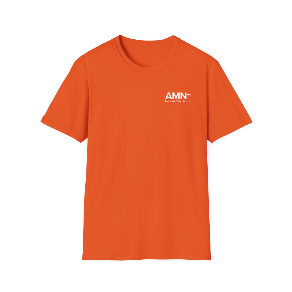 AMN T-shirt in orange-red with small AMN+ logo on the chest