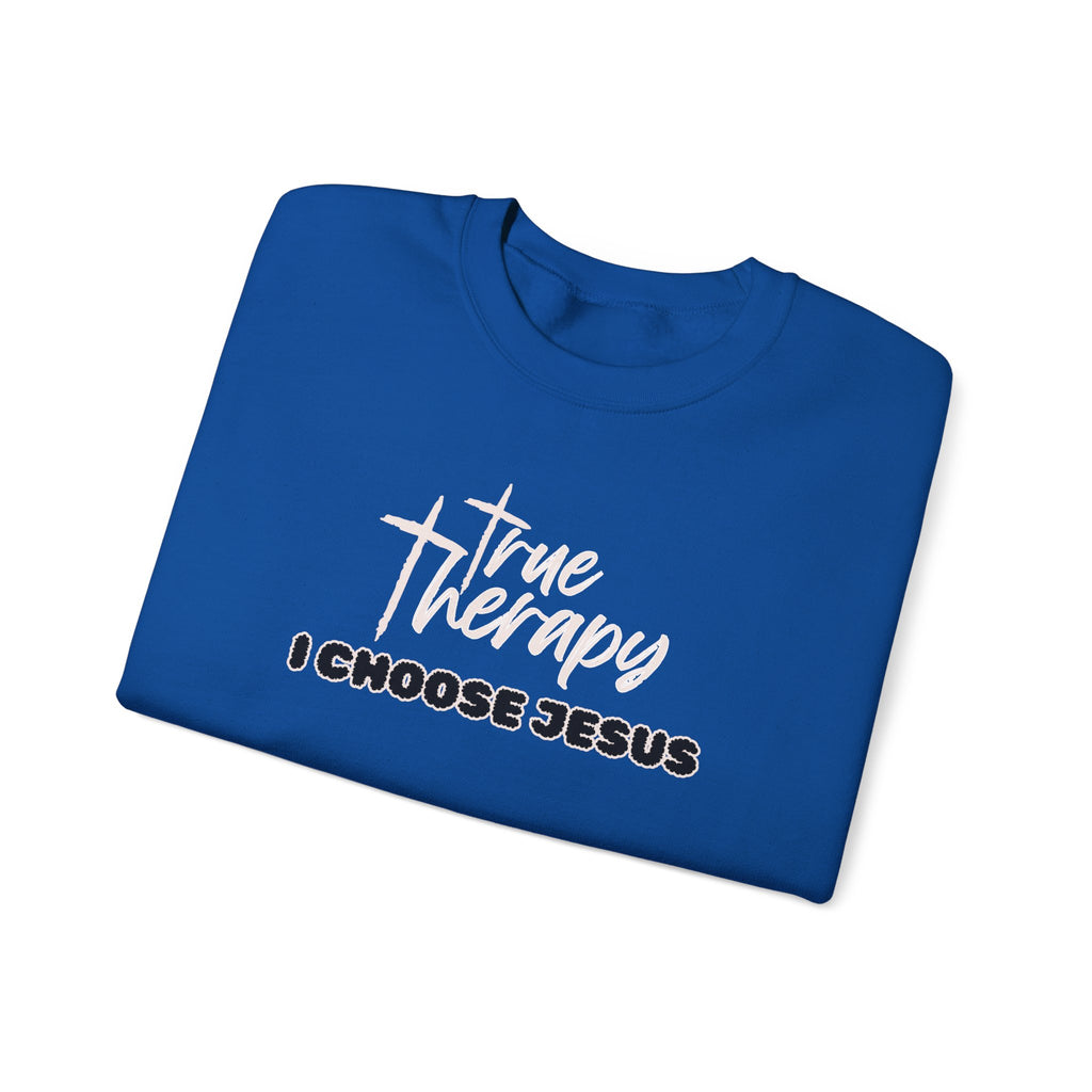 Royal blue crewneck sweater with front logo text graphic