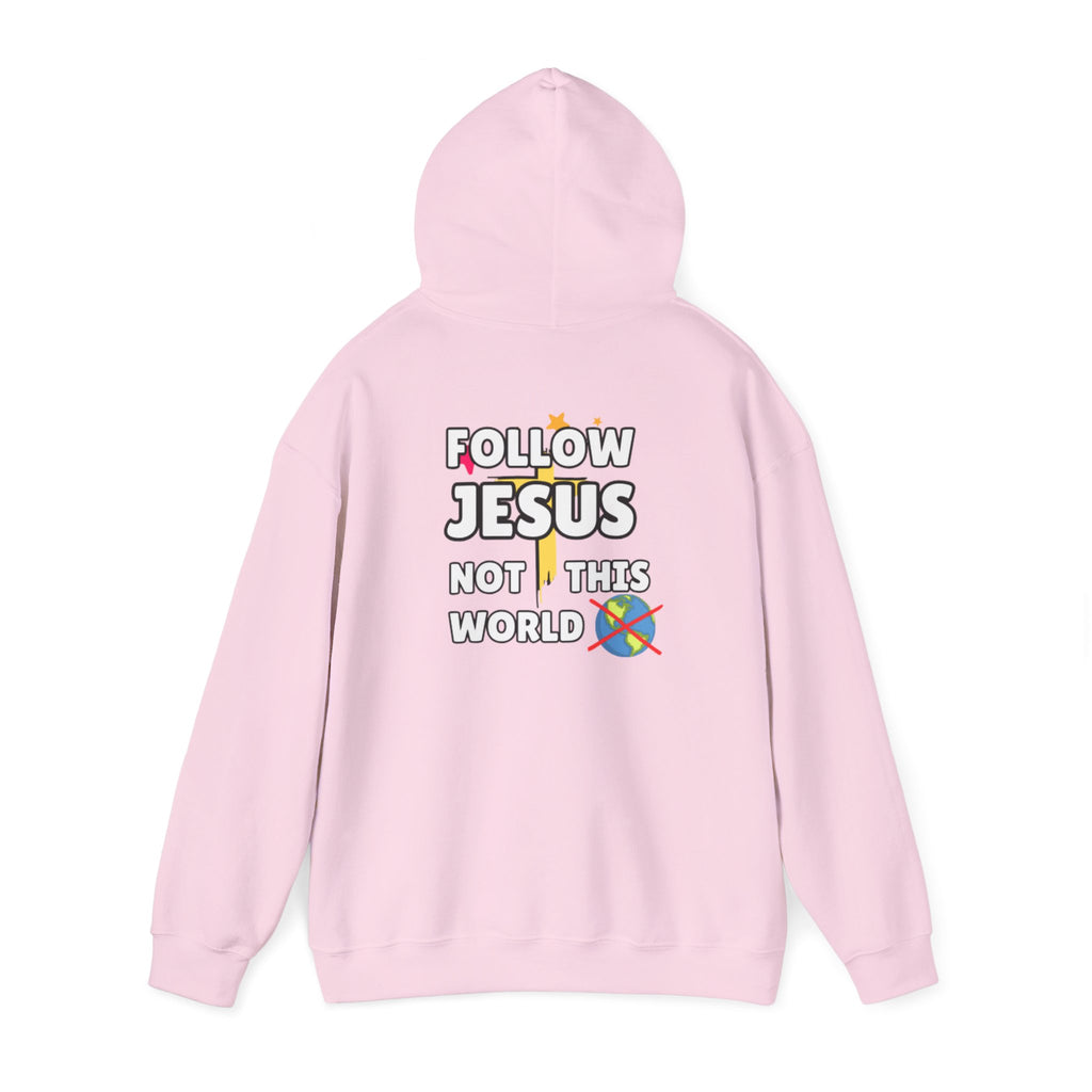 Light pink hoodie with hood and Follow Jesus Not This World graphic