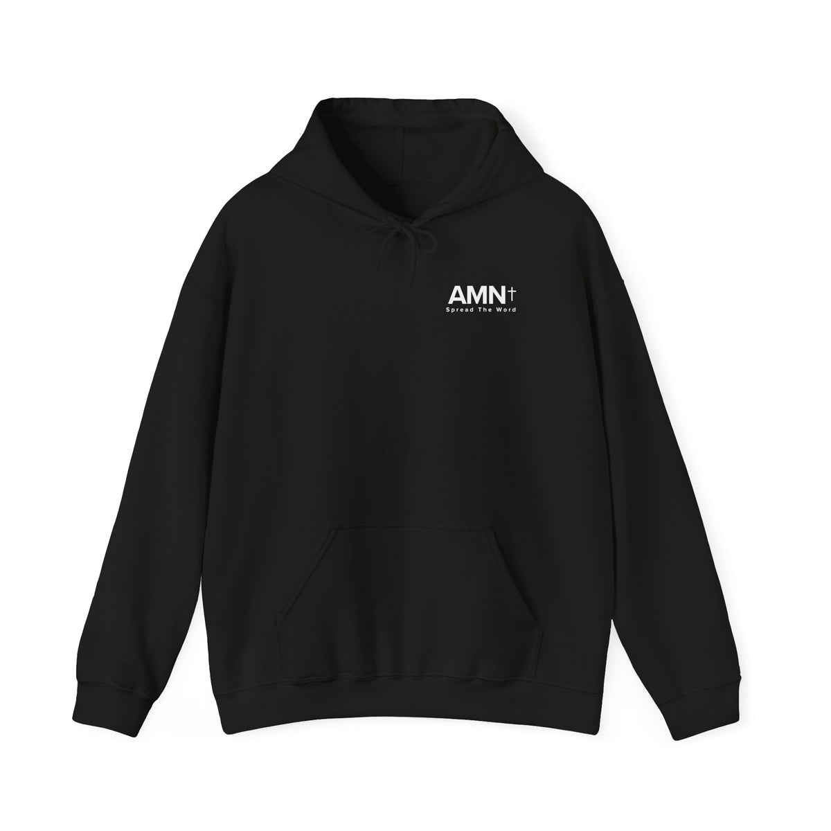 Black hoodie with front pocket, hood drawstrings, and small AMN+ logo on chest