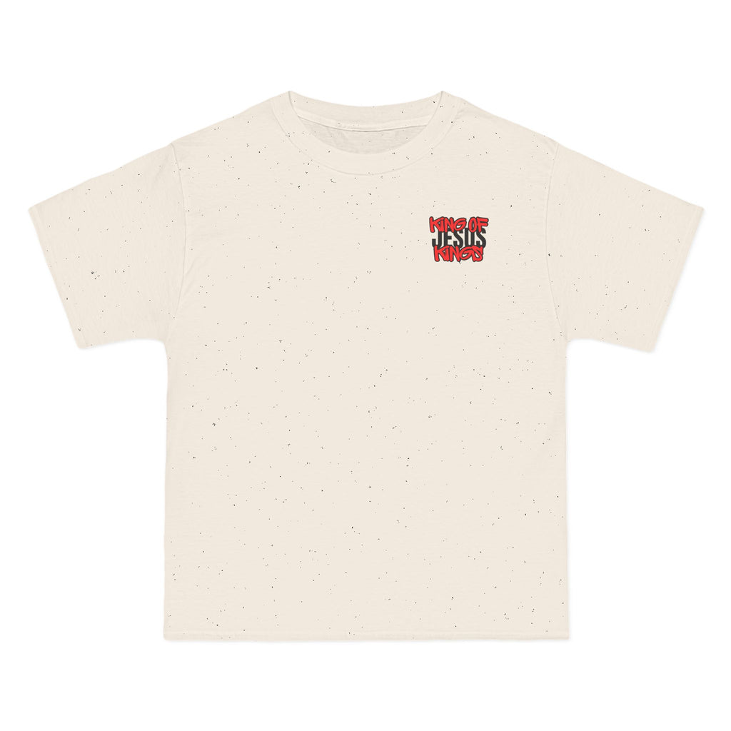 Oversized natural T-shirt with small red and white chest graphic, speckled fabric