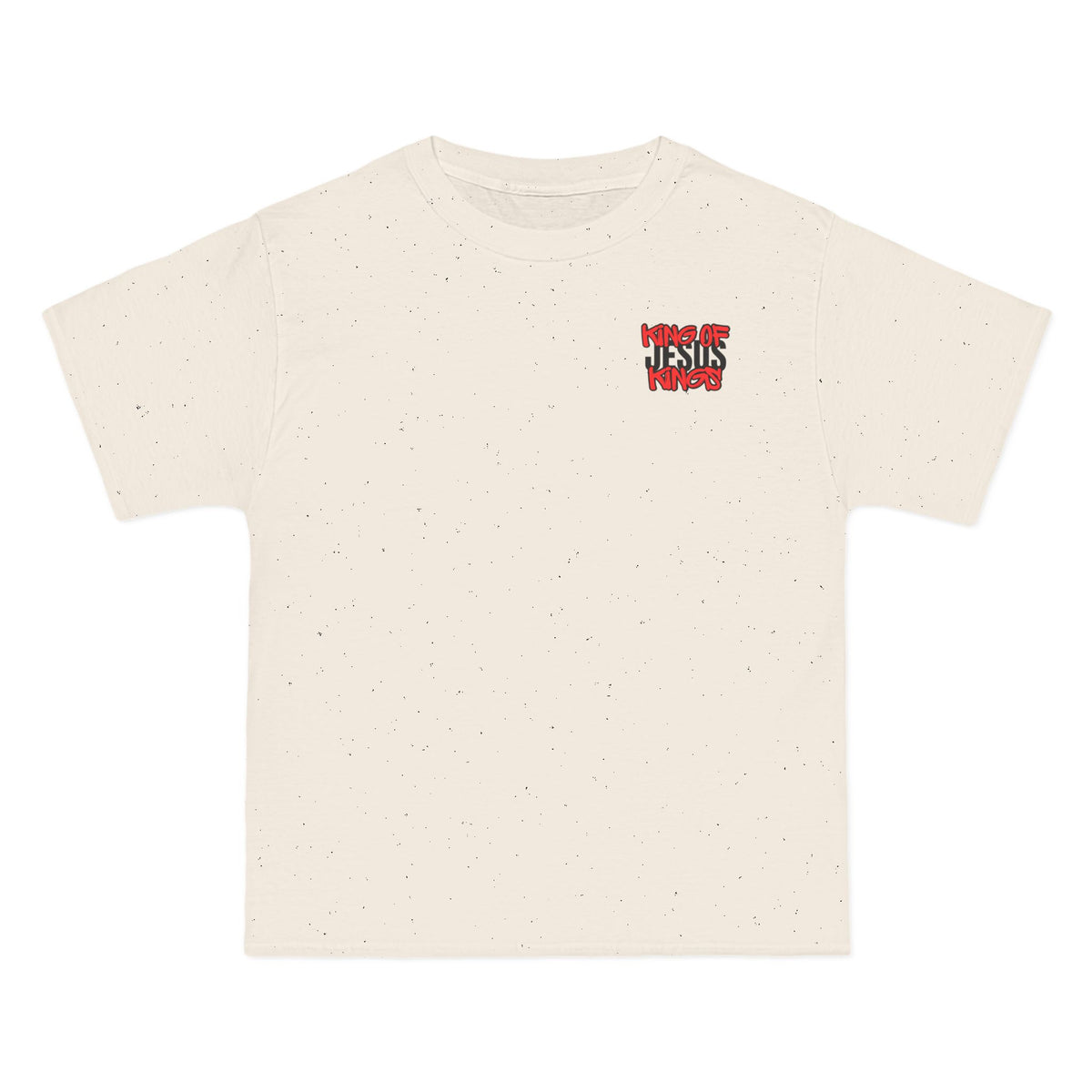 Oversized natural T-shirt with small red and white chest graphic, speckled fabric