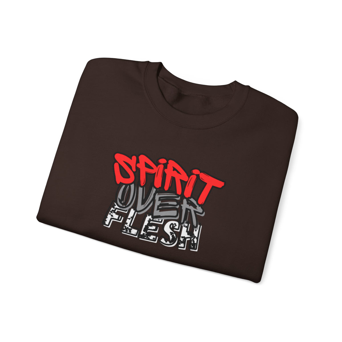 Dark brown sweater with red-and-white “Spirit Over Flesh” front graphic