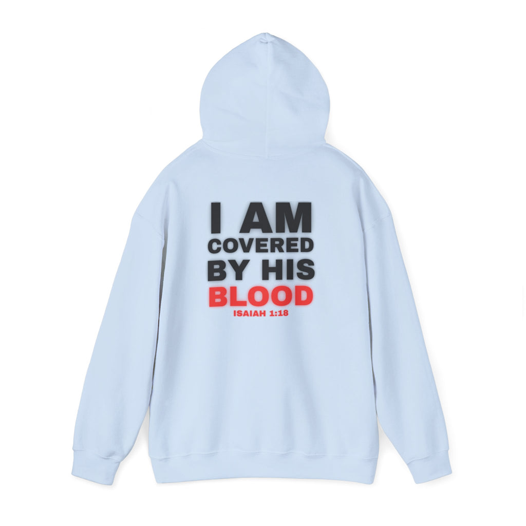 Light blue hoodie with back print text "I AM COVERED BY HIS BLOOD"