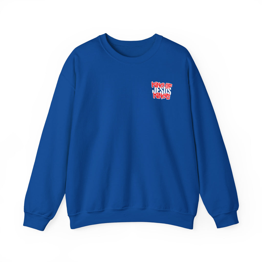 Royal blue crewneck sweater with small chest graphic text in red and black