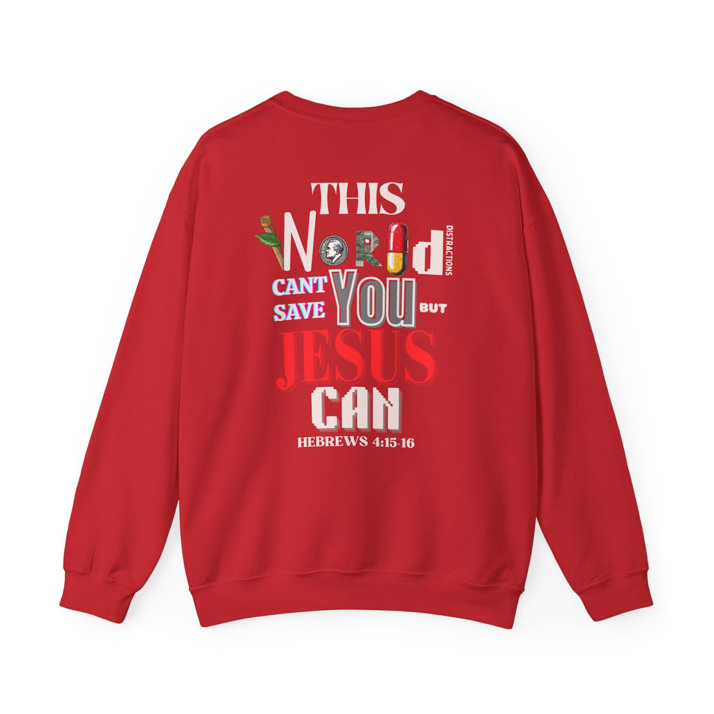 Red crewneck sweater with large multicolor front graphic print