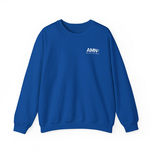 Blue crewneck sweater with long sleeves and AMN+ logo on chest