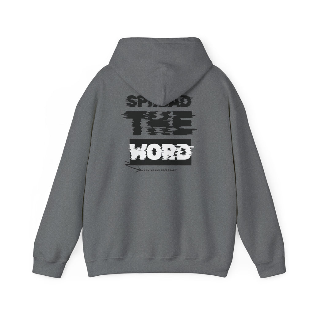 Dark gray hoodie with drawstring hood and front graphic print