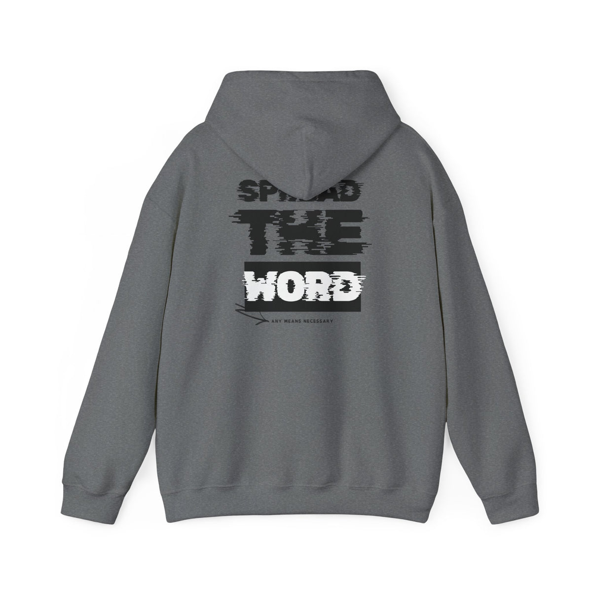 Dark gray hoodie with drawstring hood and front graphic print