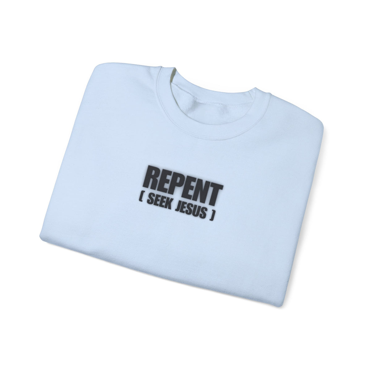 Light blue Repent sweater with "REPENT I SEEK JESUS" graphic