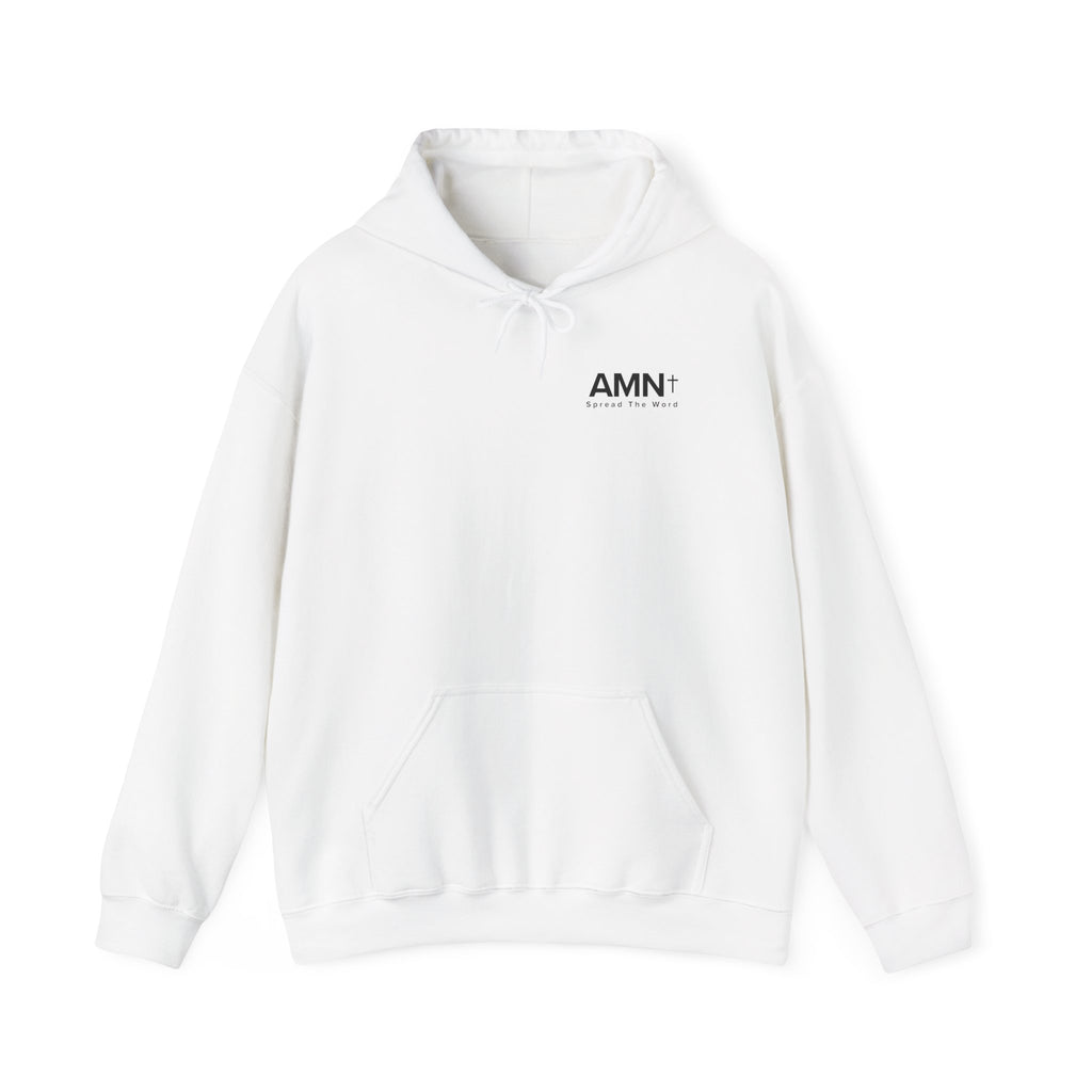 White hoodie with front pocket, hood drawstrings, and AMN+ logo on chest