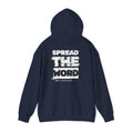 Navy hoodie with front pocket, hood drawstrings, and large back graphic print
