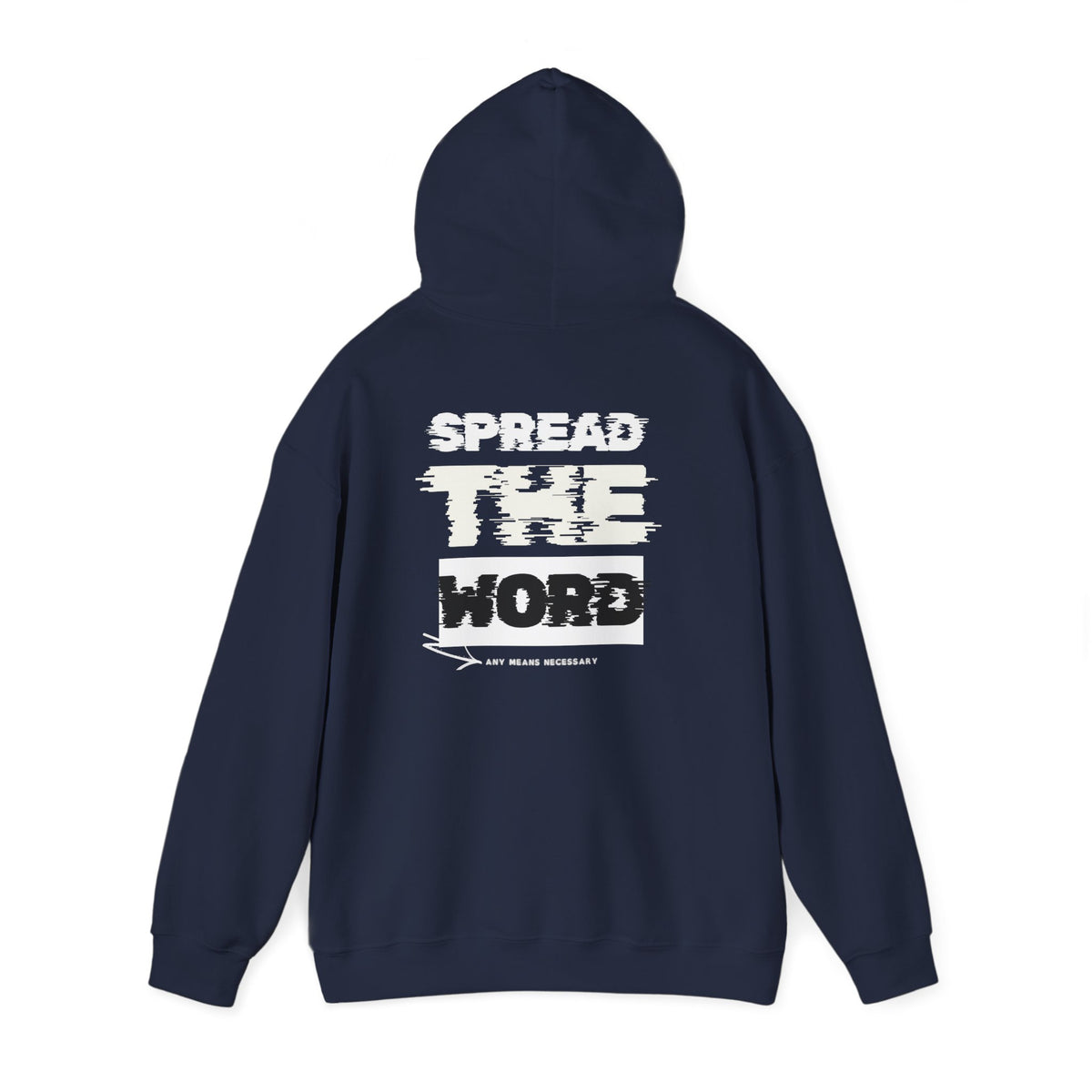 Navy hoodie with front pocket, hood drawstrings, and large back graphic print