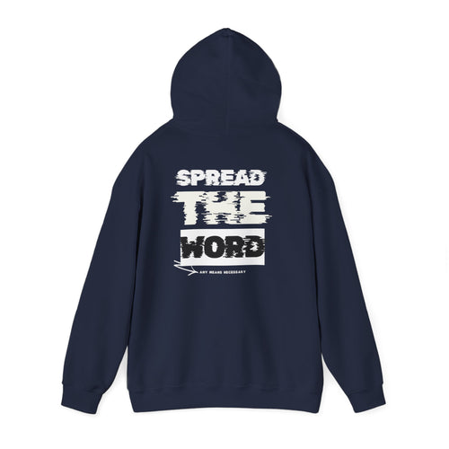 Navy hoodie with front pocket, hood drawstrings, and large back graphic print
