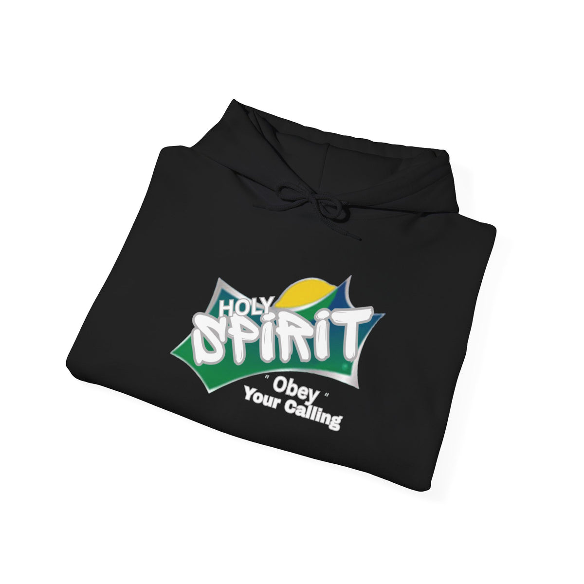 Black pullover hoodie, laid flat, with Spirit logo and drawstring hood