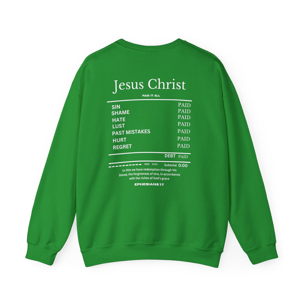 Green crewneck sweater, back graphic with 'Jesus Christ' and paid/debt text
