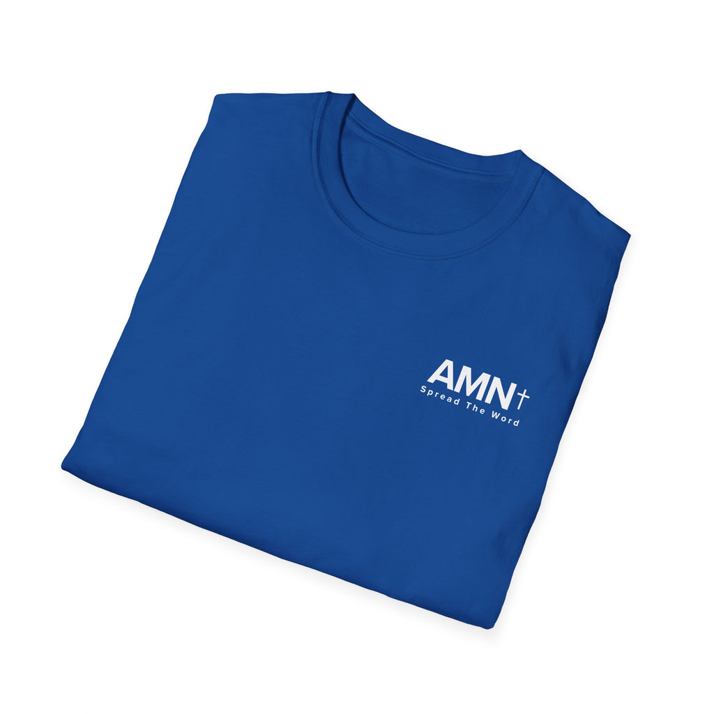 Royal blue T-shirt with small AMN+ logo on the front