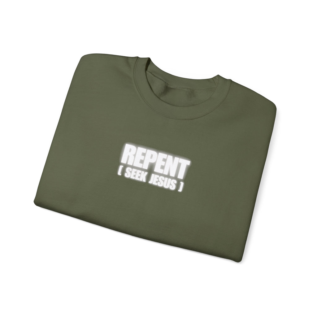 Olive green crewneck sweater with 'REPENT' front graphic and 'I SEEK JESUS' text