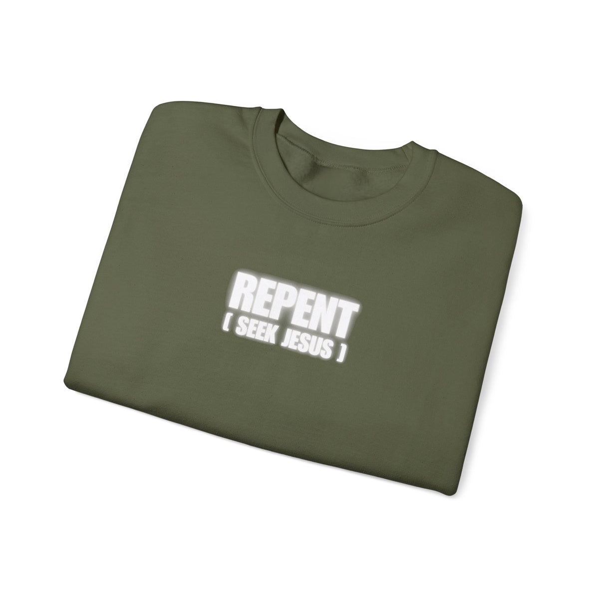 Olive green crewneck sweater with 'REPENT' front graphic and 'I SEEK JESUS' text
