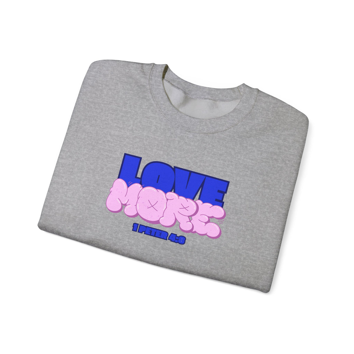 Sport grey crewneck sweater with long sleeves; pink LOVE graphic and small text on front