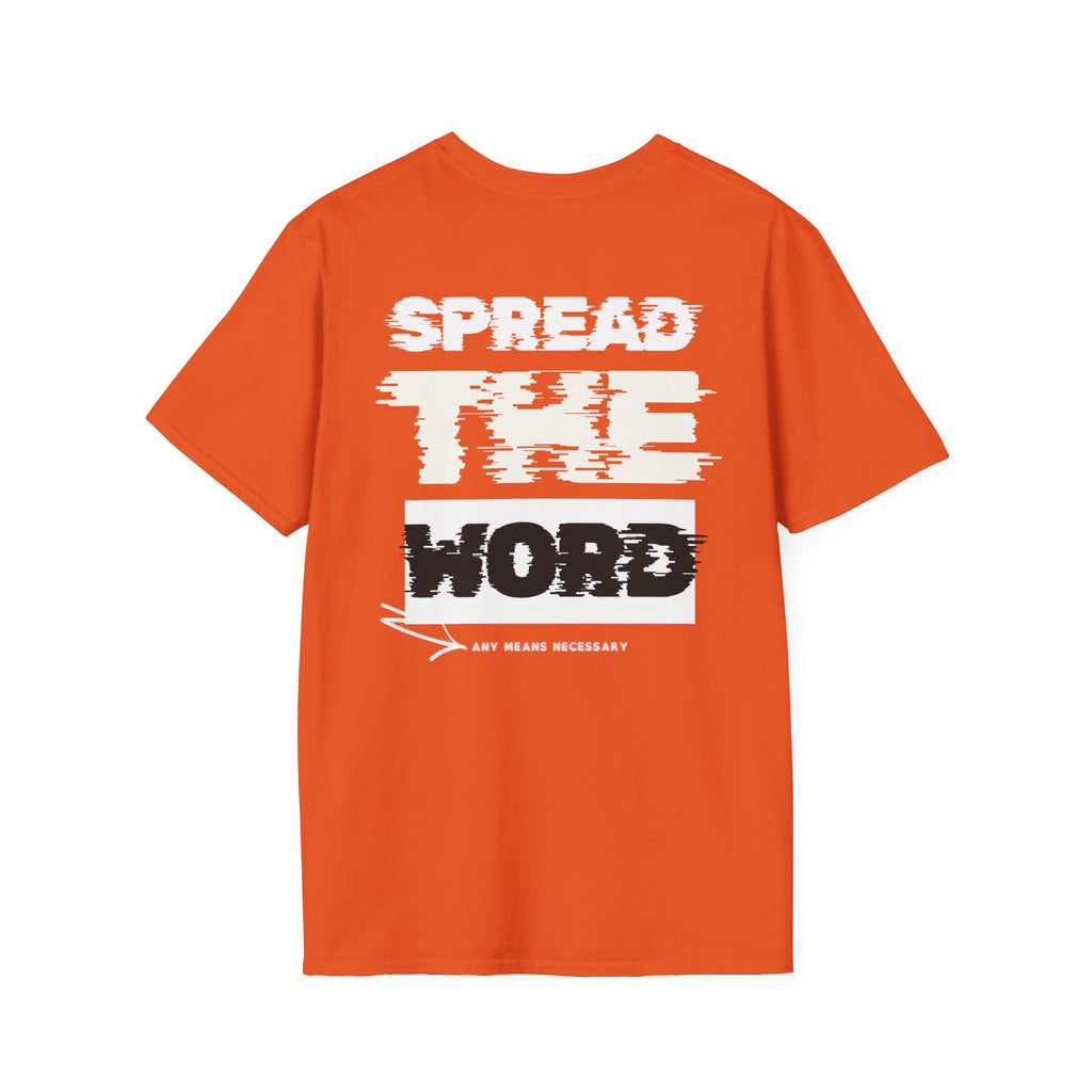 Red-orange T-shirt with large SPREAD THE WORD graphic print