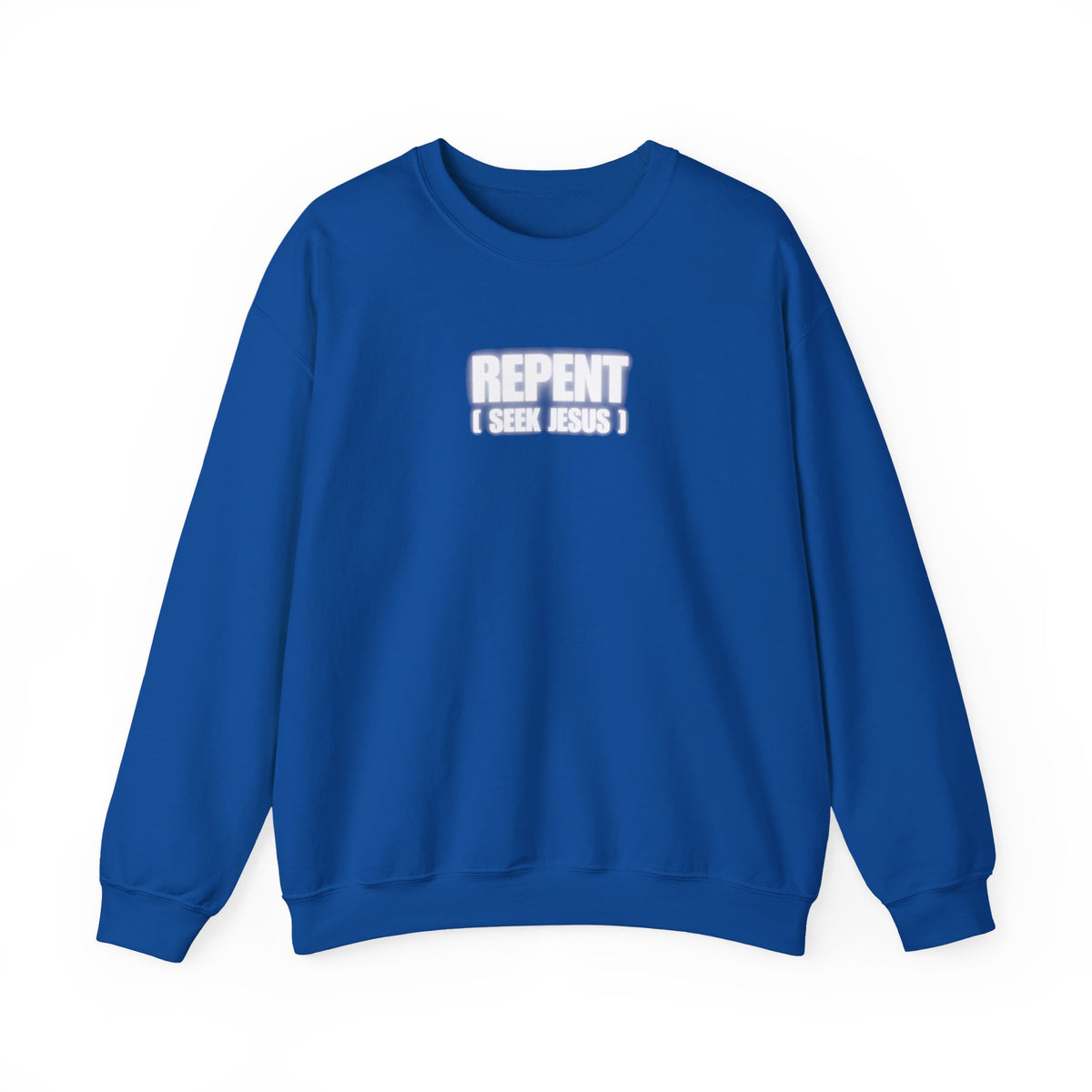 Royal blue crewneck sweater with front text logo reading “REPENT I SEEK JESUS”