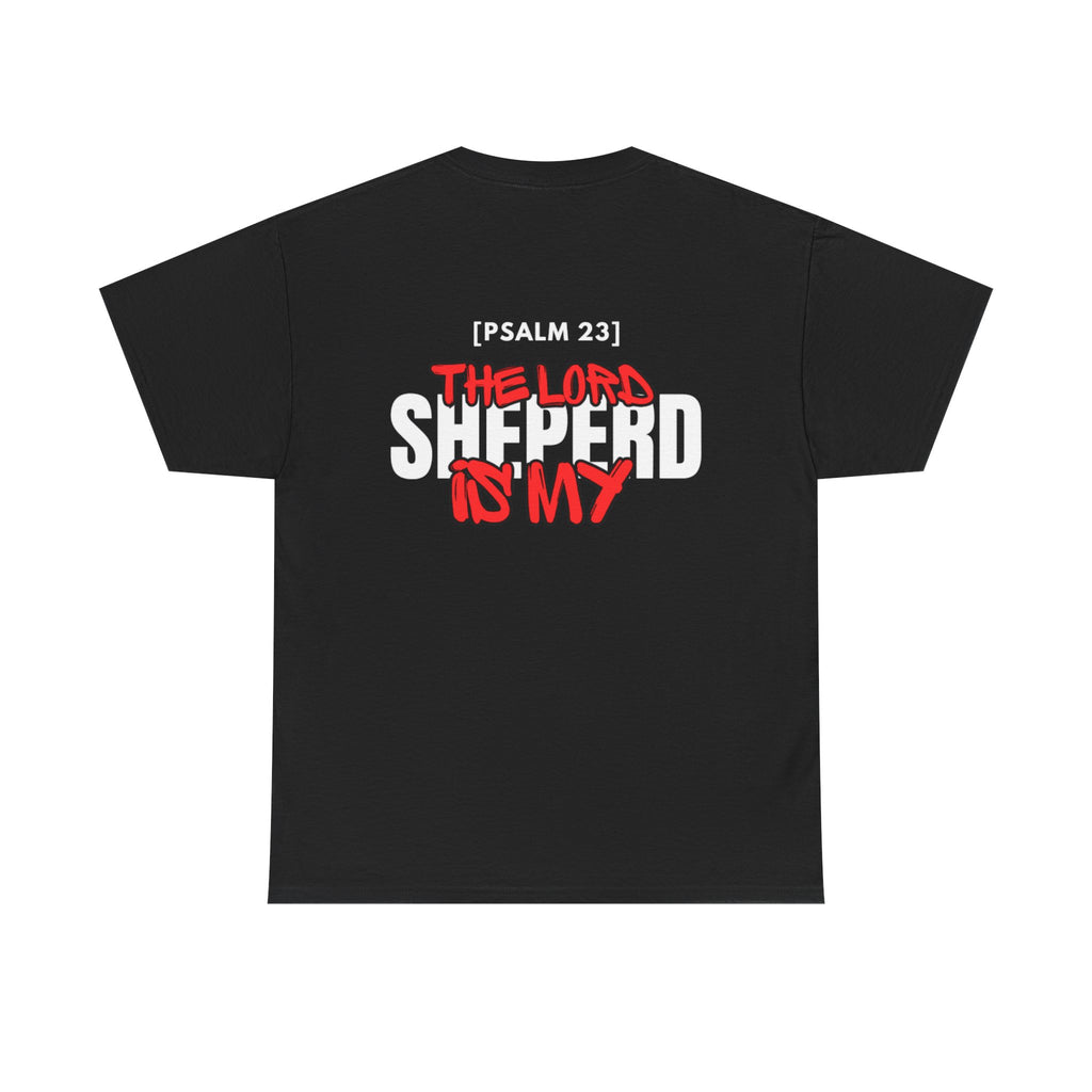Black T-shirt with large front text graphic, “THE LORD SHEPHERD IS MY”