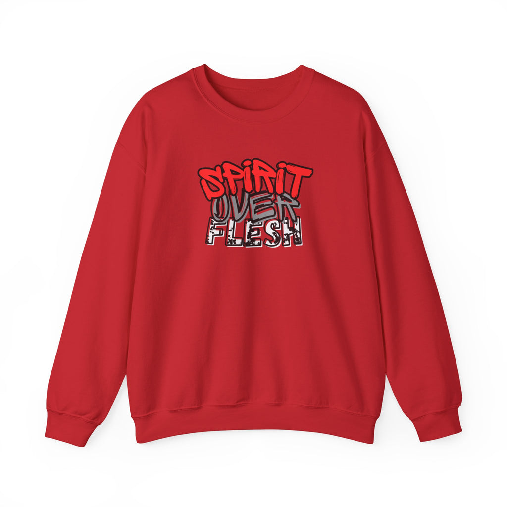 Red crewneck sweater with long sleeves and Spirit Over Flesh chest graphic
