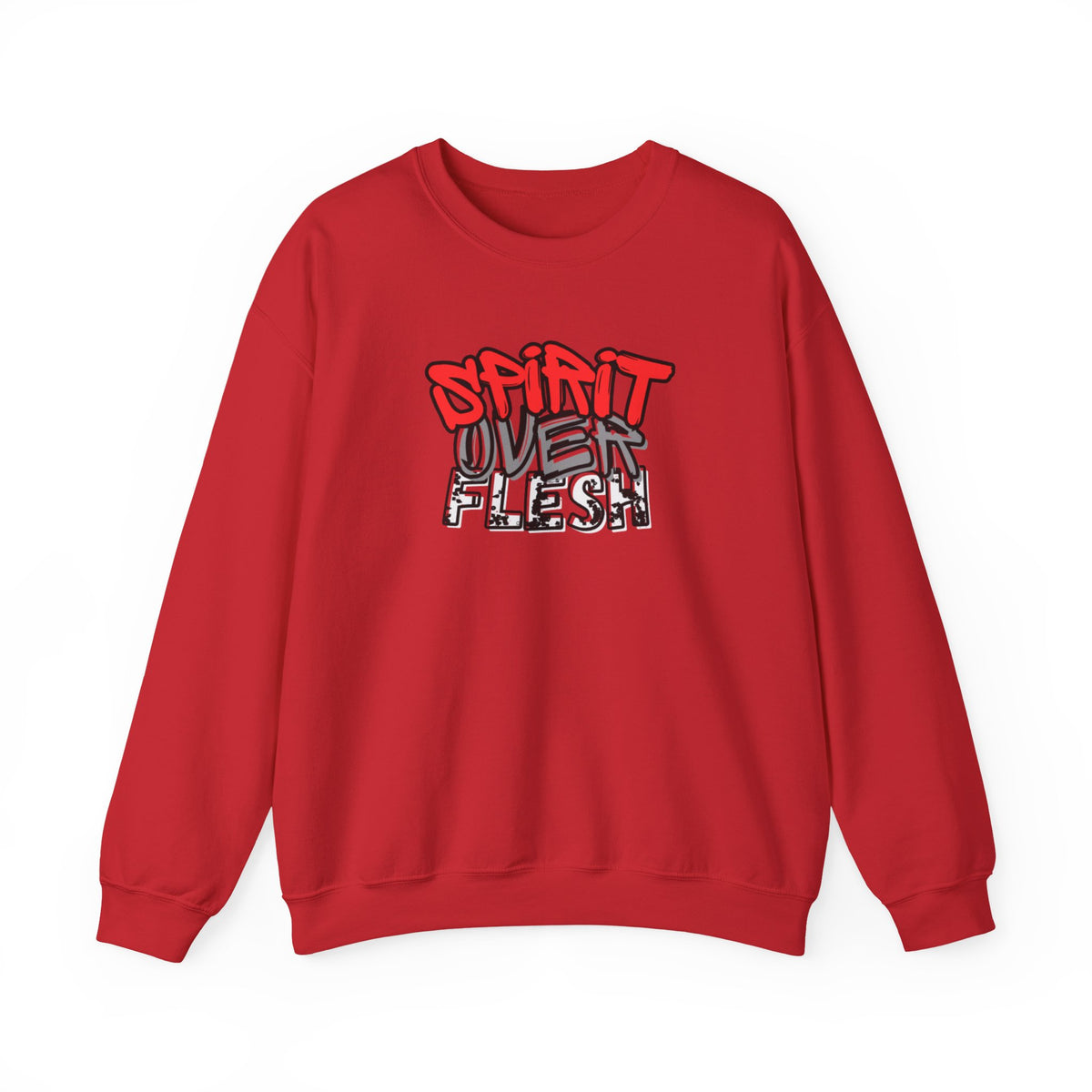 Red crewneck sweater with long sleeves and Spirit Over Flesh chest graphic