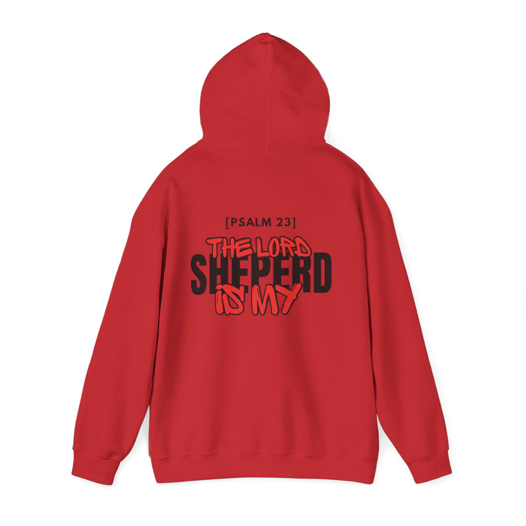 Red pullover hoodie with hood, Psalm 23 graphic centered on back
