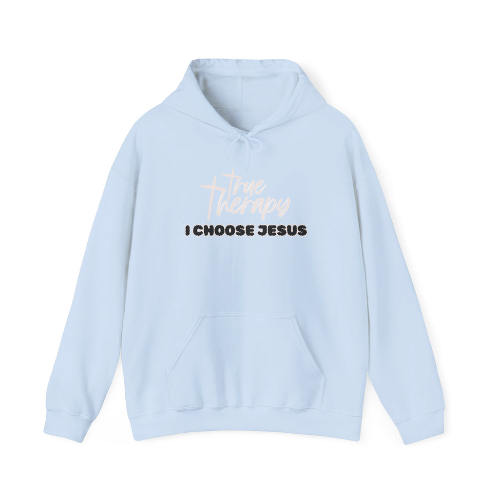 Light blue hoodie with chest graphic logo and text "I choose Jesus"
