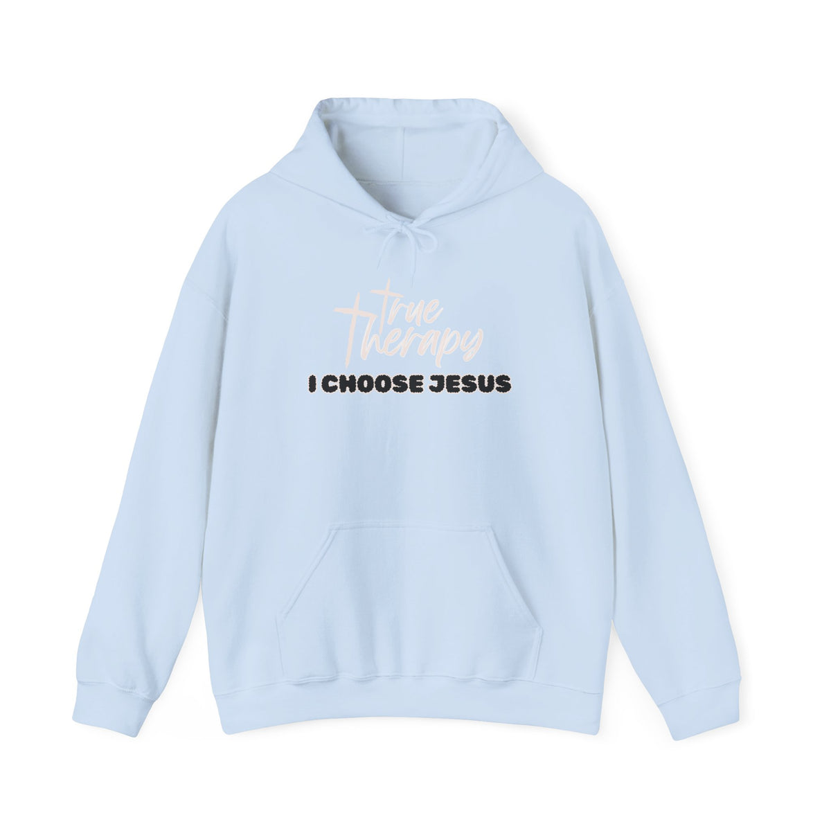 Light blue hoodie with chest graphic logo and text "I choose Jesus"