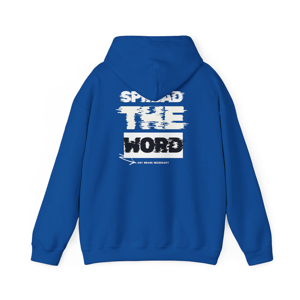 Royal blue hoodie with drawstring hood and front graphic print