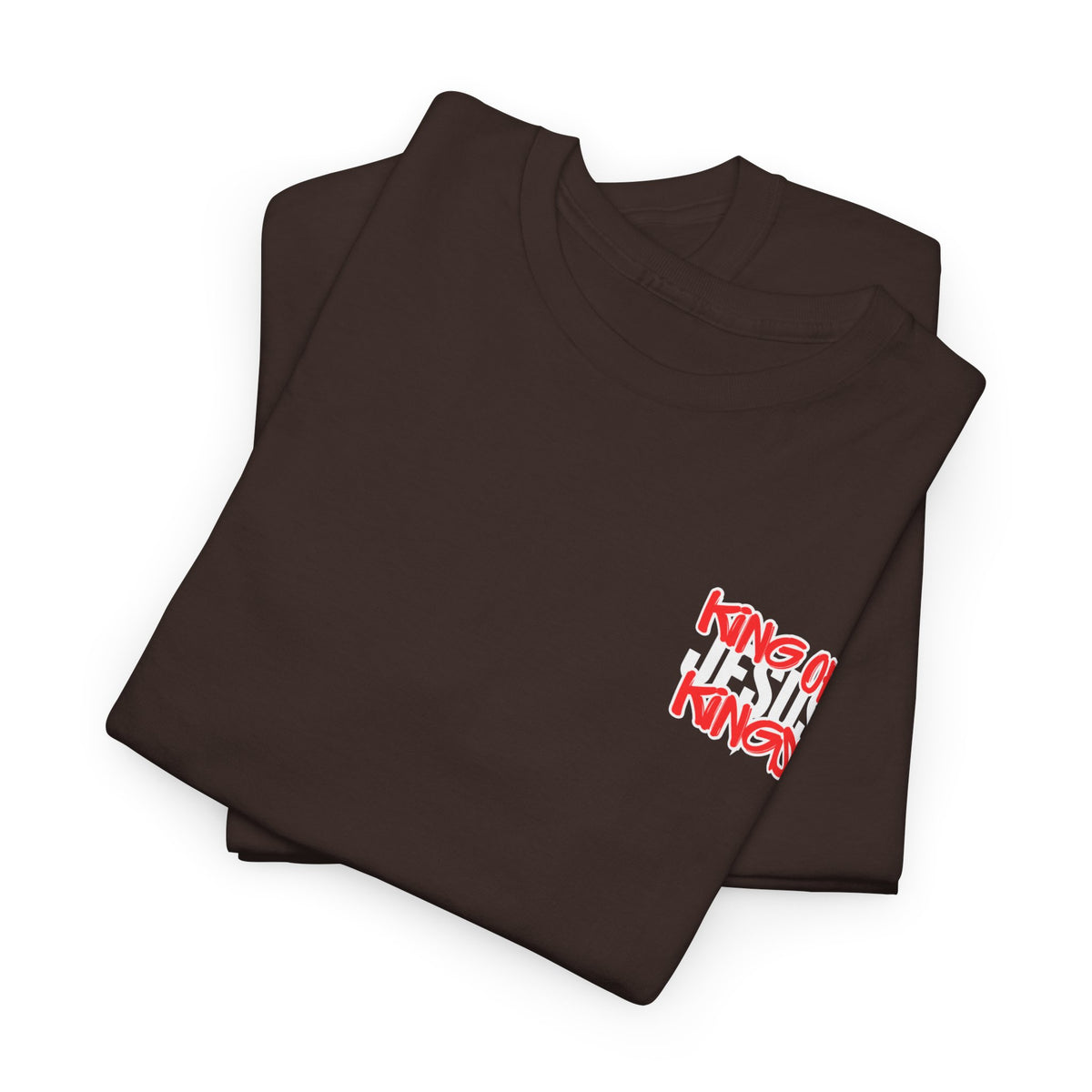 Dark brown crewneck T-shirt with small red-and-white text graphic on chest