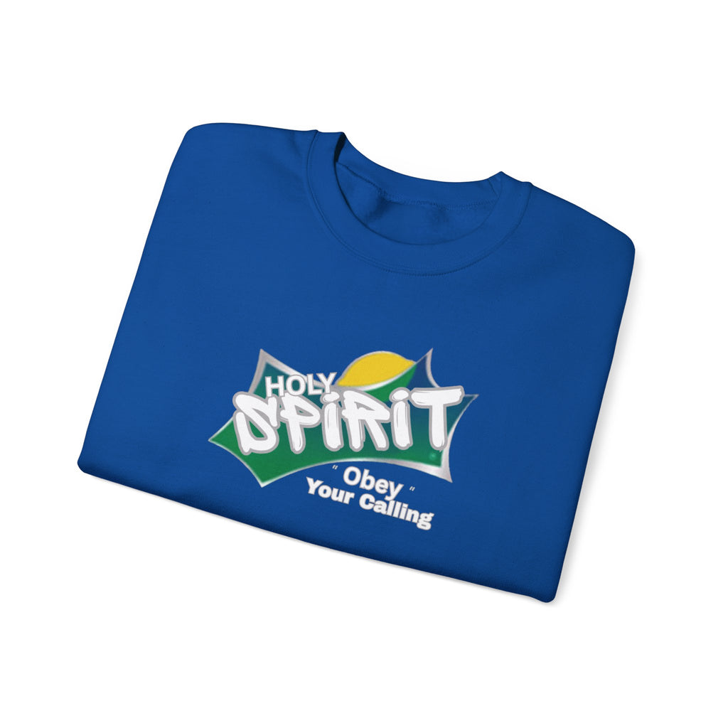 royal blue crewneck sweater with Holy Spirit graphic and slogan