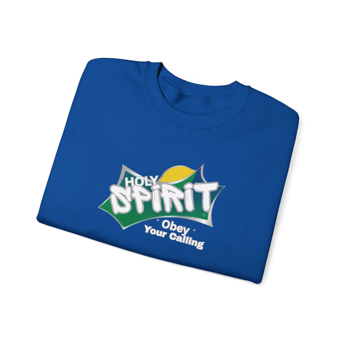 royal blue crewneck sweater with Holy Spirit graphic and slogan