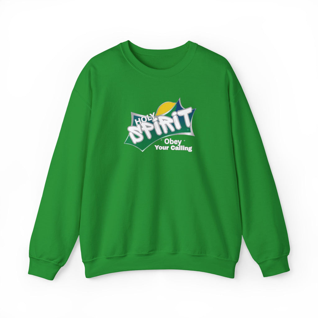 Green crewneck sweatshirt with multicolor “Holy Spirit” chest graphic