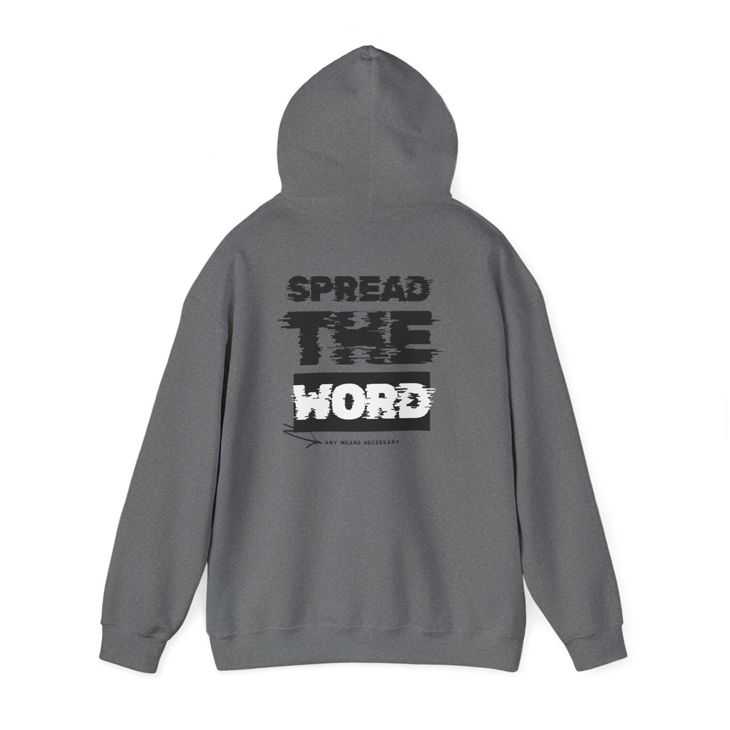 Dark gray hoodie with drawstring hood and rear graphic print