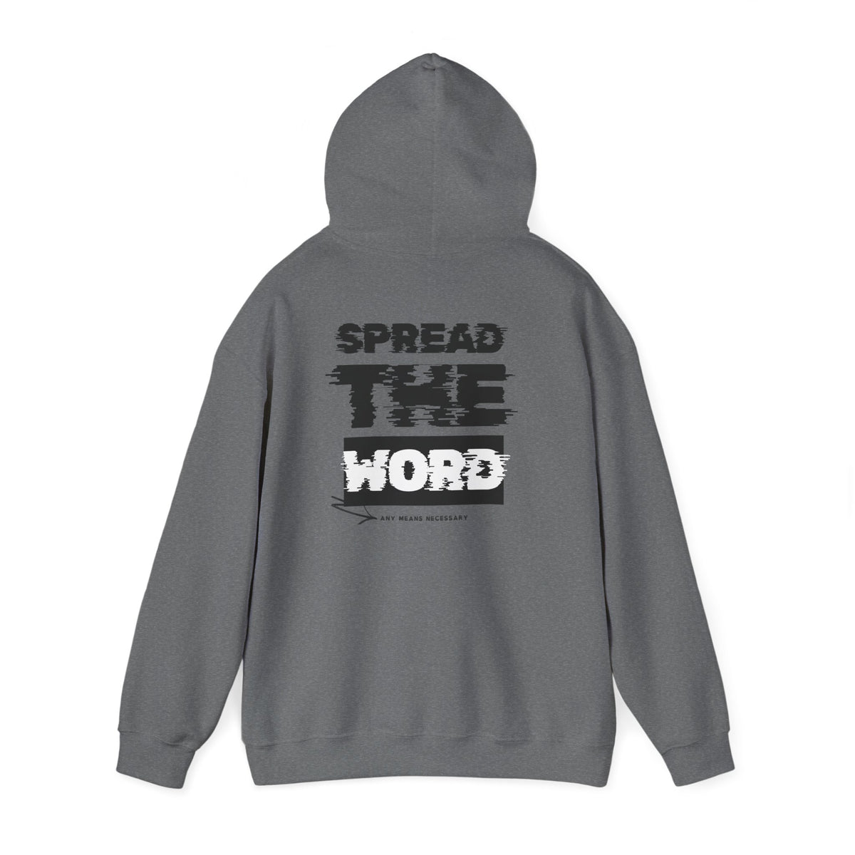 Dark gray hoodie with drawstring hood and rear graphic print