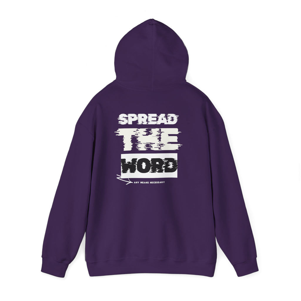 Dark purple hoodie with drawstring hood and large back “SPREAD THE WORD” graphic