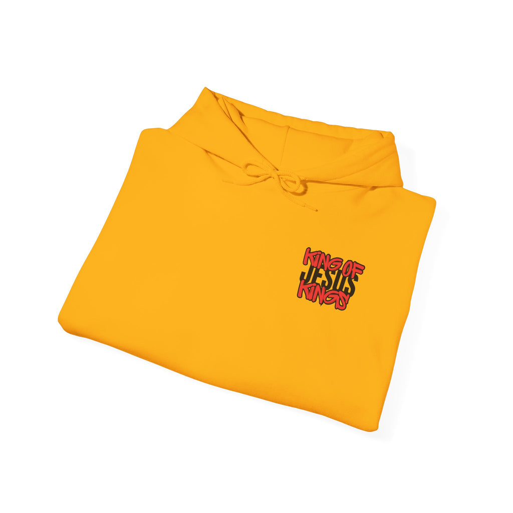 Mustard yellow pullover hoodie folded, small chest graphic and hood ties