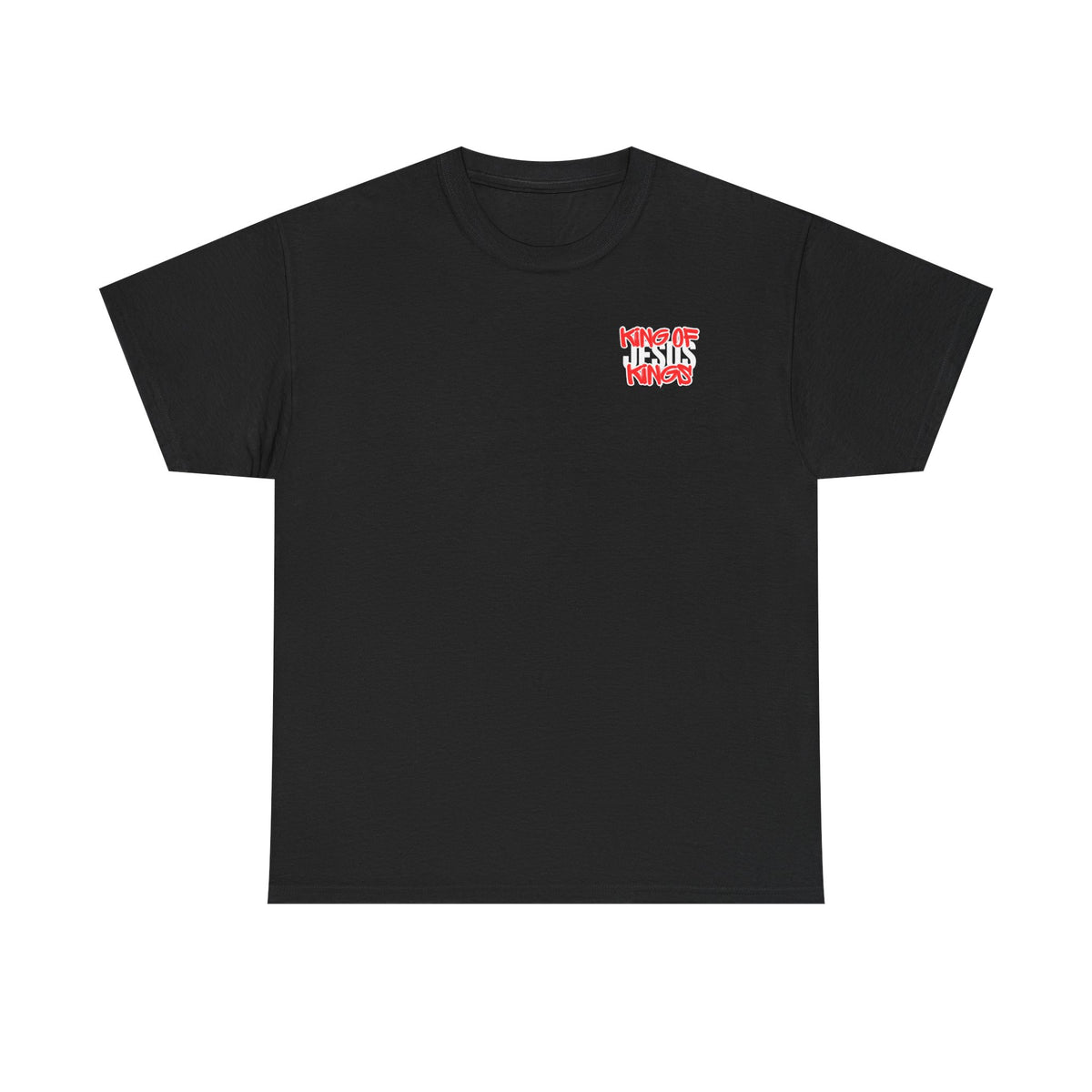 Black T-shirt with small multicolor front chest graphic.