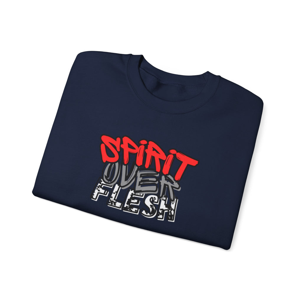 Navy sweater with red-and-white “Spirit Over Flesh” front graphic