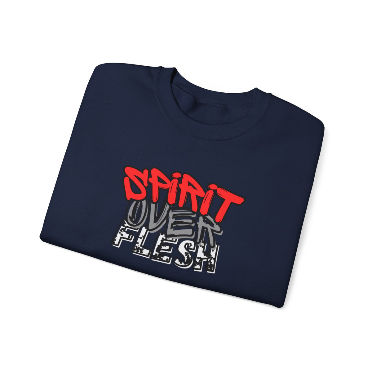 Navy sweater with red-and-white “Spirit Over Flesh” front graphic