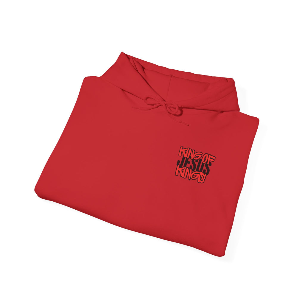 Red pullover hoodie folded, small chest graphic and hood ties