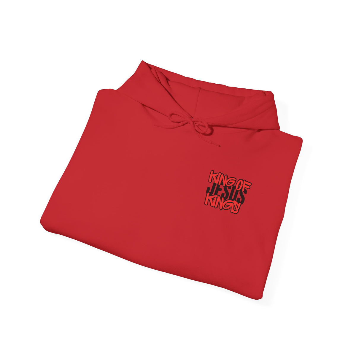 Red pullover hoodie folded, small chest graphic and hood ties