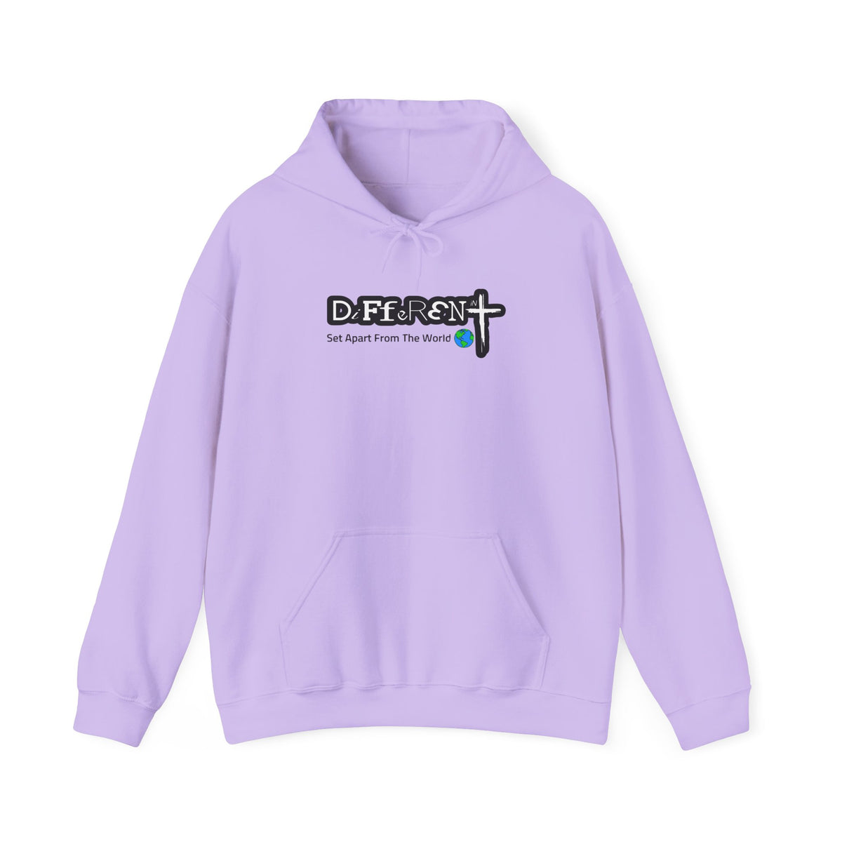 Light lavender hoodie with front hood and kangaroo pocket, logo graphic on chest