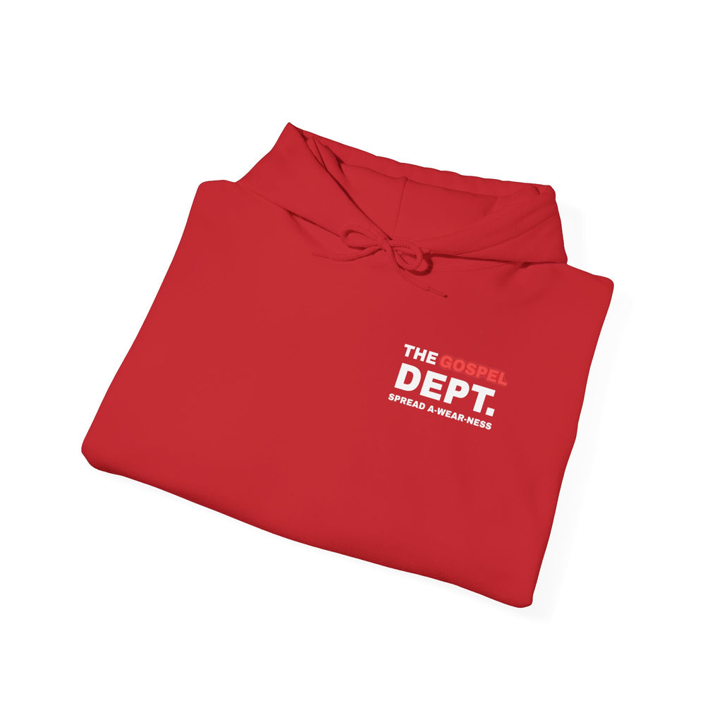 Gospel Dept. hoodie, red, folded view with hood, pouch pocket, and logo print